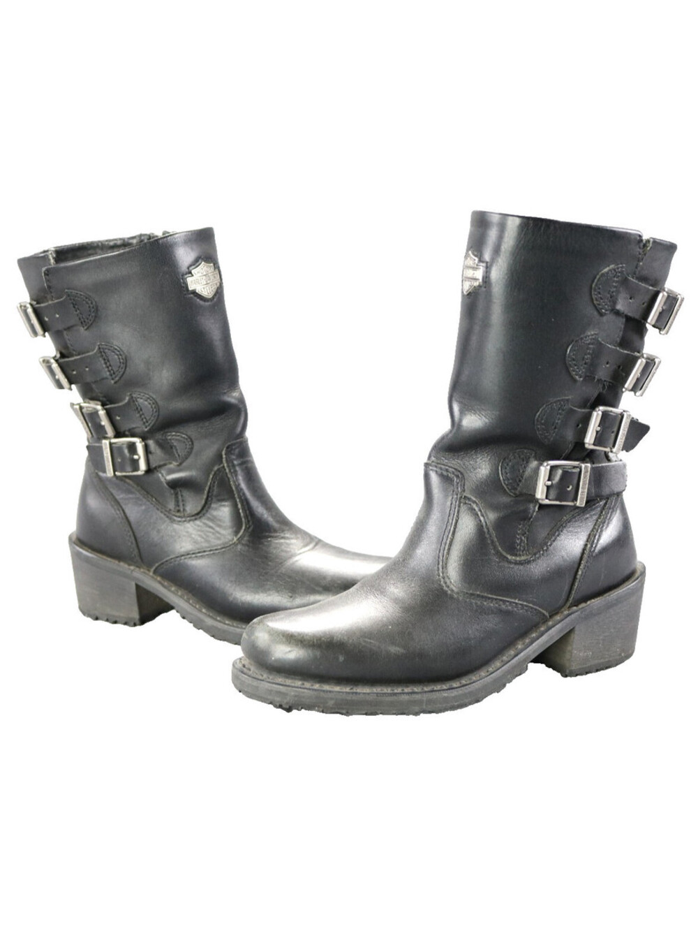 harley davidson boots 6 black leather 8" riding ankle zip pull slip strap buckle
